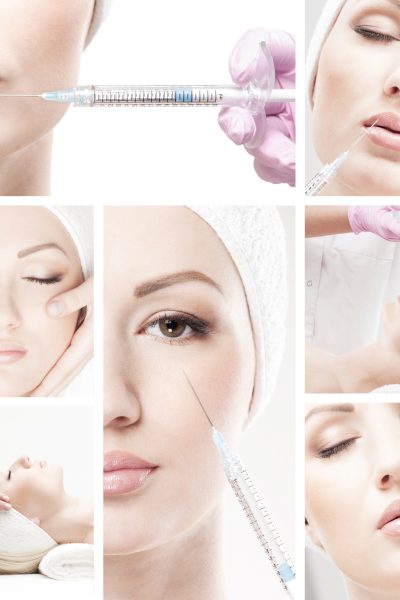 Collage made of some different pictures with the botox injections over white background